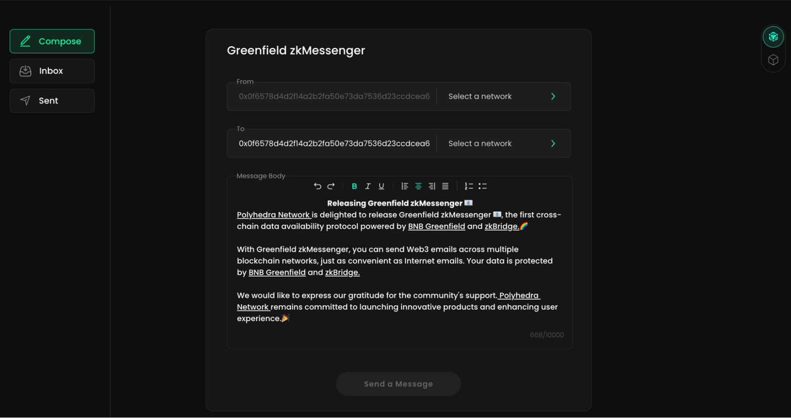 Message confirms. BNB Greenfield. Polyhedra Network. Гдеб Грифилд.